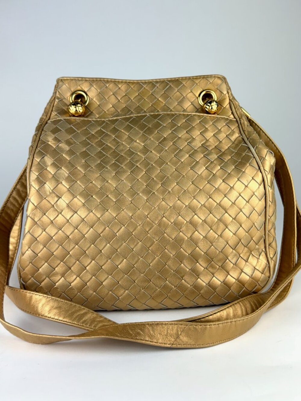 Vintage Bottega Veneta Metallic Gold Intrecciato Leather Drawstring Bucket Bag